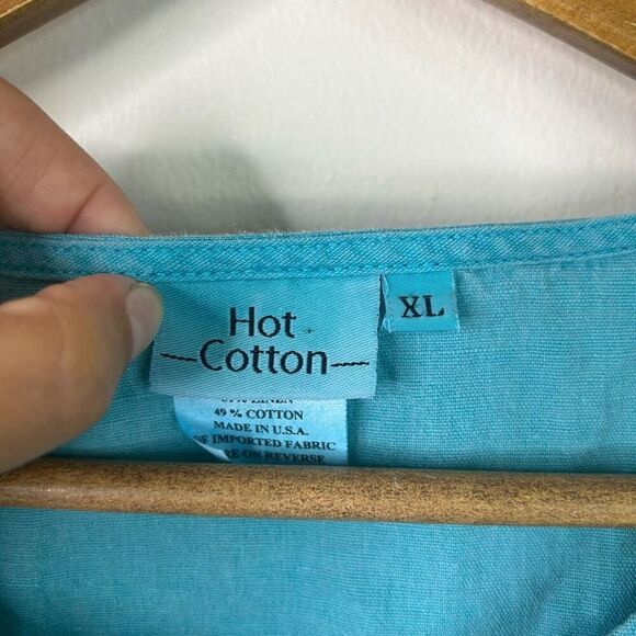 Hot Cotton Linen Button Neck Coastal Turquoise Blue Top XL Casual Boho Pullover - Picture 4 of 9